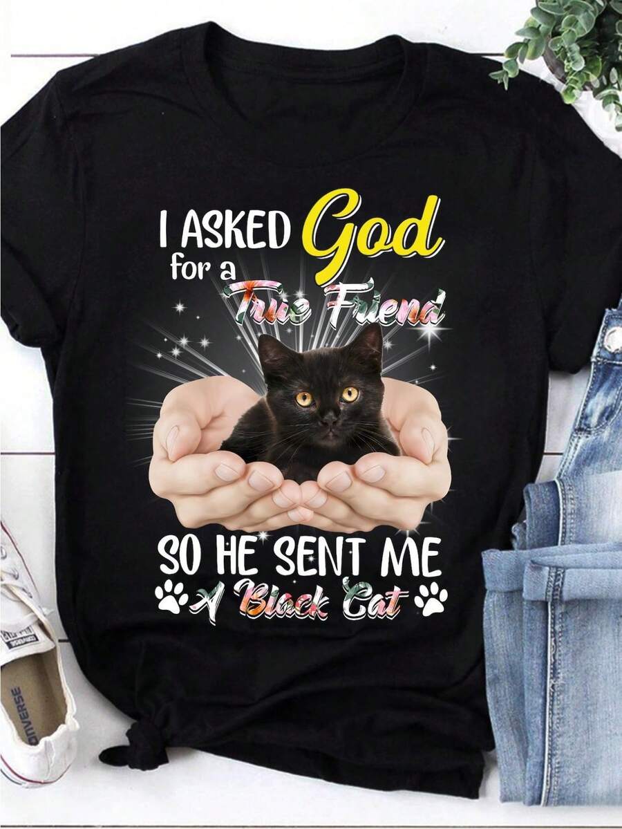 Camiseta Vintage de Gato - Oración Bilingüe en Inglés/Pinyin "Le pedí a Dios un amigo" y Adorables Huellas de Gatito - Camiseta de Algodón Suave Adecuada para Amantes de Gatos, Tallas Grande - Negro - Ver 1