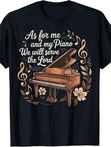 Camiseta de música cristiana para mujer "En cuanto a mí y mi piano, serviremos al Señor", camiseta casual vintage con diseño floral de piano, 100% algodón puro, colores cómodos, diseño de ma - Multicolor - Ver 1