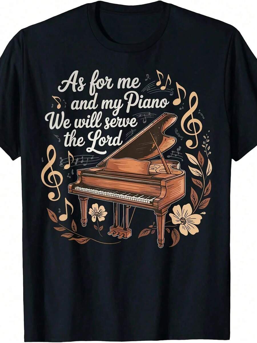 Camiseta de música cristiana para mujer "En cuanto a mí y mi piano, serviremos al Señor", camiseta casual vintage con diseño floral de piano, 100% algodón puro, colores cómodos, diseño de ma - Multicolor - Ver 1