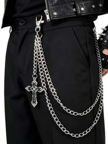 1pc Versatile Chain Accessory, Personalized Cross Pendant, Hip-Hop Double Layer Pants Chain, , Suitable For Daily Matching - Silver - View 1