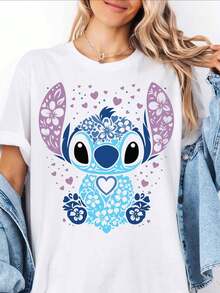 Disney Lilo & Stitch T-Shirt, Floral Stitch Graphic Tee, Cute Cartoon Character Print Casual Top For Vacation Trip - White - View 1