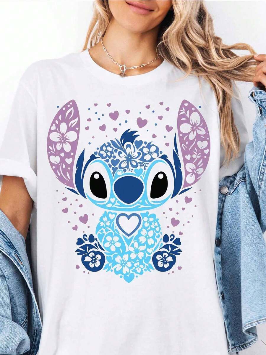 Disney Lilo & Stitch T-Shirt, Floral Stitch Graphic Tee, Cute Cartoon Character Print Casual Top For Vacation Trip - White - View 1