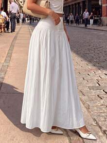 minisummer Woman Fall Elegant White Textured Maxi Skirt, High Waist Front Button Pleated Flowy A-Line Long Swing Skirt For Daily Holiday - White - View 8