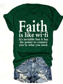 Women Christian Faith Letter Print T-Shirt, Faith Is Like Wi-Fi Graphic Round Neck Short Sleeve 100% Cotton Summer Top, Plus Size All Season - 綠色2 - 查看 1
