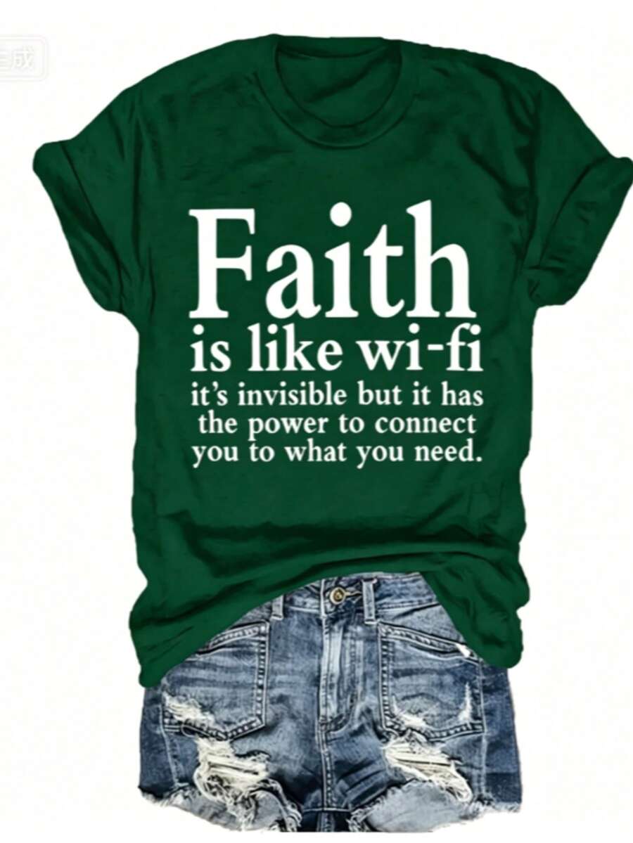 Women Christian Faith Letter Print T-Shirt, Faith Is Like Wi-Fi Graphic Round Neck Short Sleeve 100% Cotton Summer Top, Plus Size All Season - 綠色2 - 查看 1
