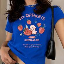 Camiseta colorida con estampado de letras, fresas y conejos, perfecta para uso casual en primavera y verano, diseñada para mujeres. - Azul - Ver 1