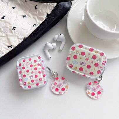 Korean Style Girly Polka Dot Star Earphone Protective Case, Compatible With Apple Series, Transparent Soft Silicone Full Coverage Shockproof, Pink Polka Dot Bow Print, Paired With Same Pattern Round Pendant, Sweet Style, Daily Commute Anti-Loss, Scratch-Resistant Dust-Proof Non-Yellowing, Niche Earphone Accessory For Students, Perfect Gift For Best Friends