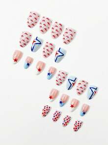 24pcs Short Almond Nail, Simple Blue And White French Nail, Pentagram, Polka Dot Press Fake Nail, Women's Daily Nail Products, Independent Daily Nail Set+2 Nail Accessory Small Tools Nails - Multicolor - View 4