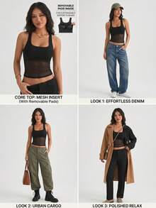 1pc Spring/Summer Women's Tank Top, 2-In-1 Built-In Cup Racerback Mesh Camisole, Casual Sport Yoga Tank Top For Outerwear And Layering - Black - View 3