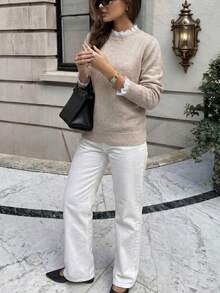 Women's Round Neck Loose Fit Long Sleeve Knit Top, Lace Trim 2 In 1, Solid Color Sweater, Suitable For Office Commute, Autumn/Winter Style - Apricot - View 9
