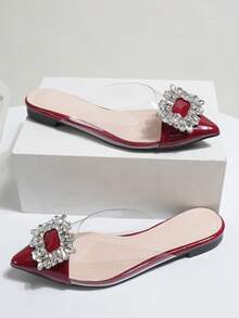 Square Buckle Rhinestone Closed Toe Slippers Women's Outdoor Wear Summer 2026 New French Style Slouchy Mule Sandals - Red - View 5