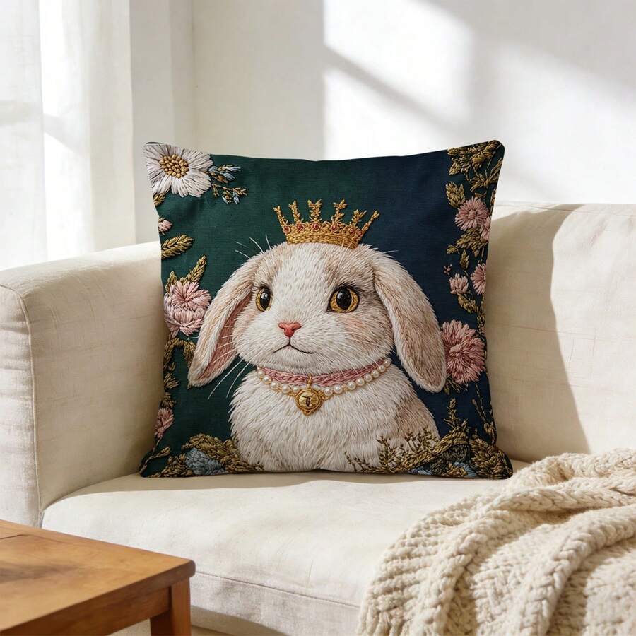 1個深綠色皇冠兔子垂耳仿刺繡枕套，森林童話風格聚酯纖維正方形3D印花柔軟靠墊套，客廳臥室民宿四季通用家居裝飾 - 彩色 - 查看 1