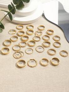 30件組INS風紋理金屬戒指套組，錘打壓花星形雕刻多層疊戴指節環，女款 - 金色 - 查看 5