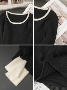 Women's Contrast Color Square Neck Fuzzy Trim Knit Top, Autumn/Winter New Slim Fit Vertical Ribbed Long Sleeve Sweater, Black & White Colorblock Flared Cuffs, Slimming Short Length Base Layer, Minimalist Sexy Style Soft Knit Cardigan For Innerwear And Outerwear - Black - View 8