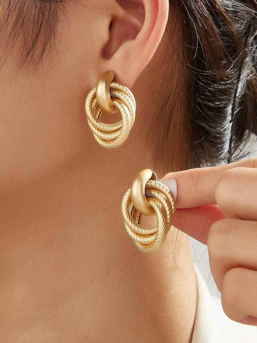 1 Pair Of Multi-Layer Knot Earrings In Gold Tones. Twisted Button Design For Women. - 03 - 查看 1
