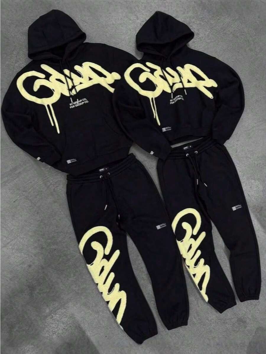 GEEDUP Printed Digital Sweater Set Fashion Street Loose Hoodie Casual Sportswear Men's And Women's Jacket Set - 黑色 - 查看 1