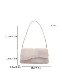 Tas Bahu Minimalis Vintage Elegan dengan Tekstur Denim Warna Polos dan Penutup Asimetris - Krem - View 9