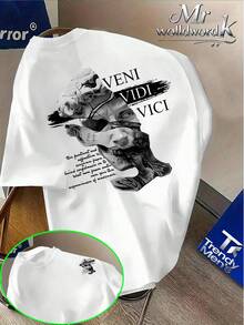 Estampado de retazos de una estatua rota de David combinado con la inscripción VENI VIDI, estampado doble en la parte delantera y trasera, camiseta de manga corta estilo casual urbano a - Blanco - Ver 1