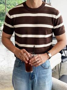 1件男士短袖T恤，韓式寬鬆版型拼色條紋針織薄款面料，夏季成熟穩重風格內搭，通勤商務休閒日常多場景短袖 - 咖啡棕 - 查看 1