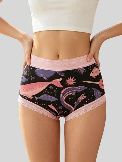  Dircho 1pc Women's Lace Trim Panties, Deep Sea Creature Print, All-Over Print Comfortable Elastic Underwear