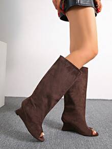 Women's Over-The-Knee Long Boots, Autumn/Winter New Style, Slimming High Heel, Chunky Heel, Wedge Heel, Fold-Down Shaft Boots - Brown - View 3