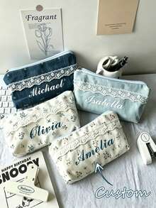 Customized Lace Pencil Case, Personalized Name Floral Stationery Storage Bag, Makeup Bag. Essential Student Stationery, Perfect For Back To School, Teacher's Day Gift, Customized Name. 1pc - Multicolor - View 1