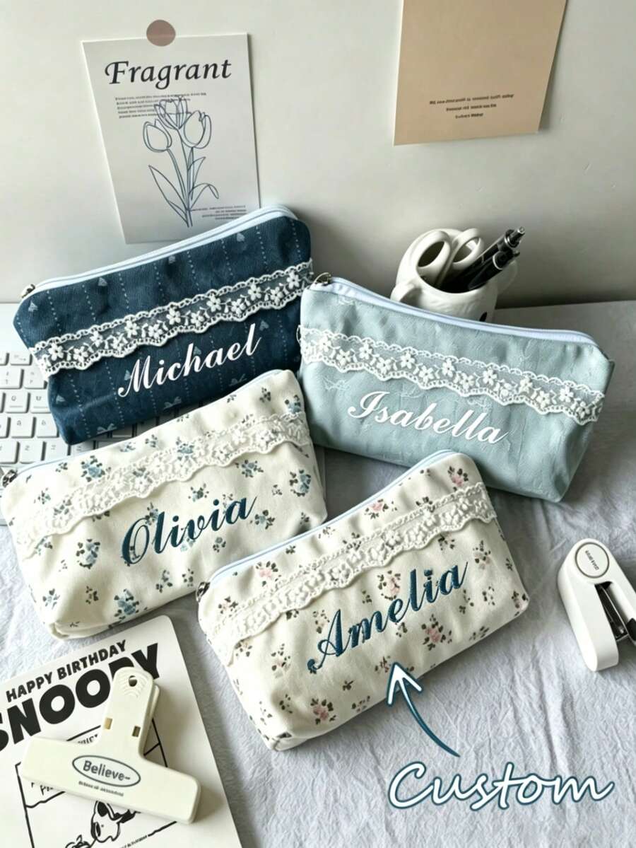 Customized Lace Pencil Case, Personalized Name Floral Stationery Storage Bag, Makeup Bag. Essential Student Stationery, Perfect For Back To School, Teacher's Day Gift, Customized Name. 1pc - Multicolor - View 1