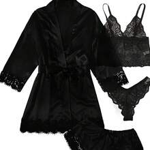 Sexy Women's Pajamas, Nightgowns, Lingerie, Shorts, 4-Piece Lace Camisole, Pajama Set, Loungewear, Nightgowns, Leisurewear - 粉色 - 查看 8