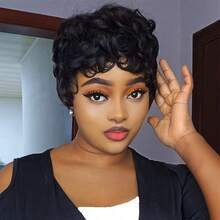 Women'S Layered Short Curly Pixie Cut Wig With Bangs - Remy Peruvian Human Hair, Glueless Full Machine Made Curly Wave Wig, Music Festivals & Everyday Styling - Density, Suitable For All Light Types, Short Hair Wig - Natural Black - 查看 2