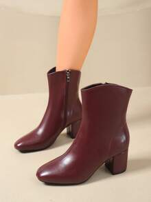 Women's Elegant Fashion Chunky Heel Leather Patchwork Round Toe Side Zipper Ankle Boots, Casual Pointed Toe Side Zipper Height-Increasing Slimming Fashion Boots For Outdoor Streetwear - Burgundy - View 1