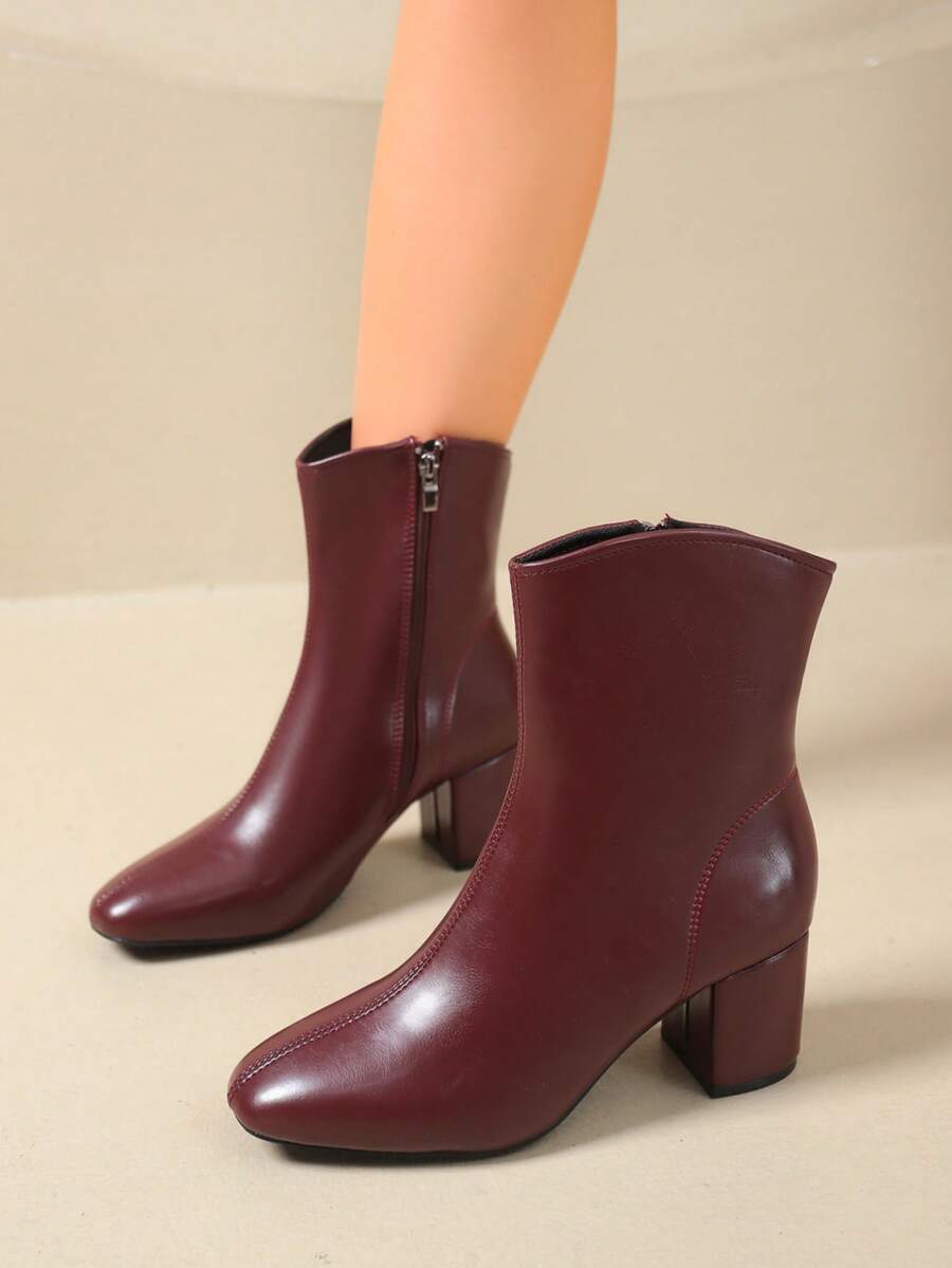 Women's Elegant Fashion Chunky Heel Leather Patchwork Round Toe Side Zipper Ankle Boots, Casual Pointed Toe Side Zipper Height-Increasing Slimming Fashion Boots For Outdoor Streetwear - Burgundy - View 1