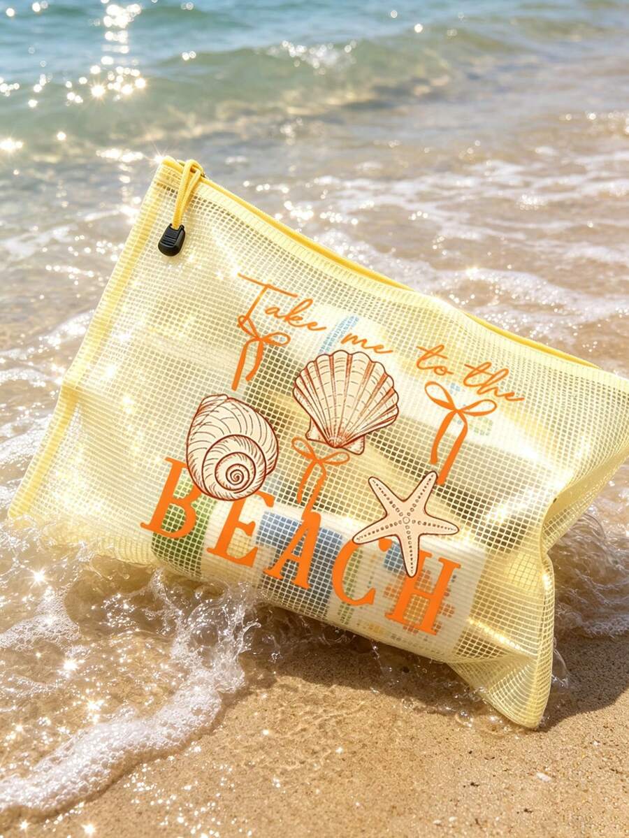 PVC 化妝包，多色防水時尚網格海灘包，印有「BEACH」海星圖案化妝包，海灘主題。大容量透明化妝包，尼龍拉鍊盥洗包，輕巧，可存放防曬霜、零食、比基尼和海灘必需品。春/夏收納，適用於游泳、度假、返校、宿舍日常使用