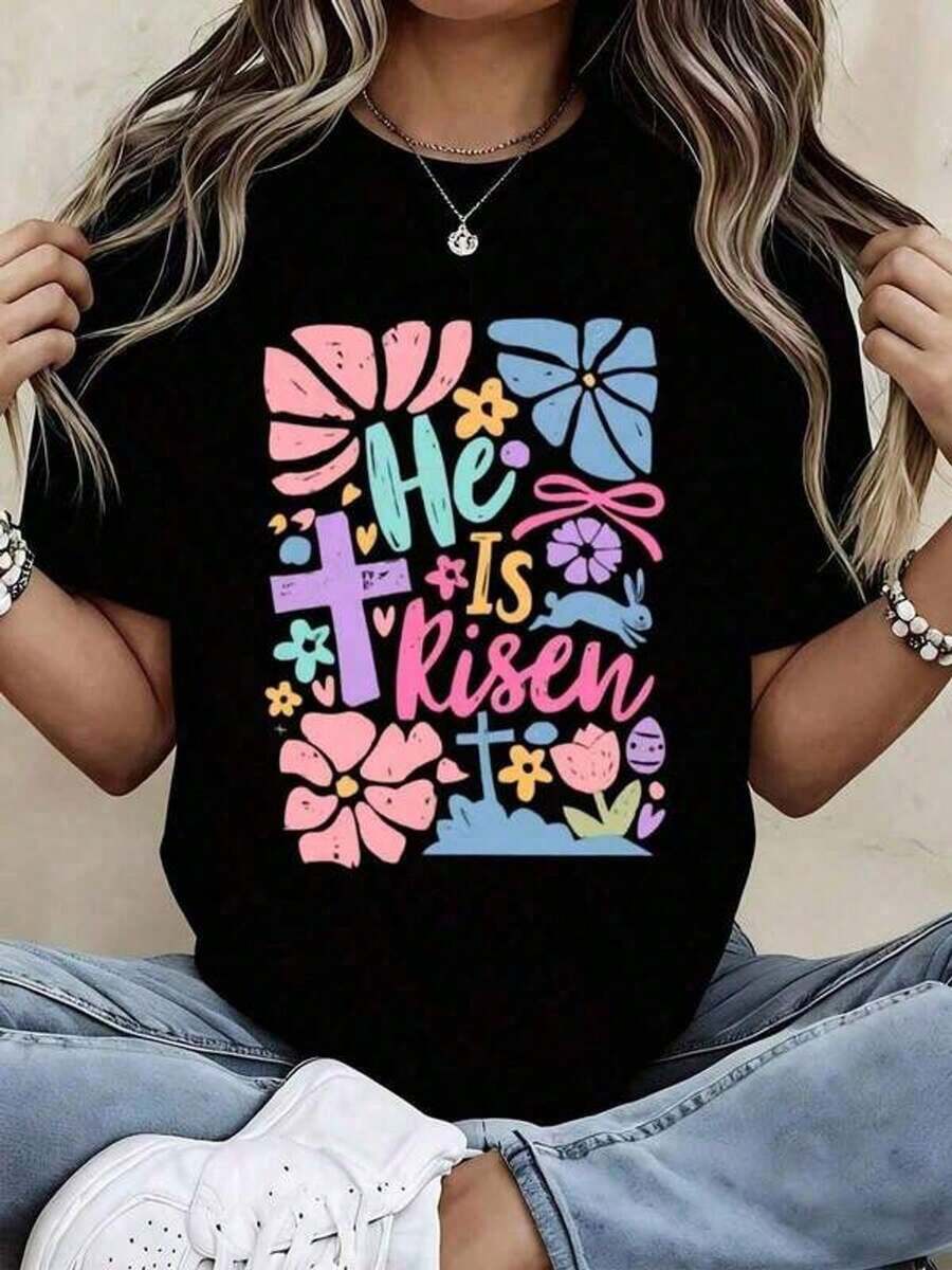 2026 Summer Tops2026Women Casual T Camiseta He Is Risen Easter Cross Flowers And Bunny Print Spring Religious Christian Celebration Outfit For WomenEaster Western Diseño Gráfico Tees Men...