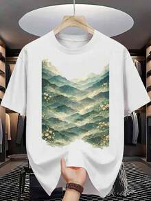 Camiseta de Algodón para Hombre  Mountains, Estampado de Flores de Cerezo Misty Peaks, Algodón Puro, Impresión Premium, Moda Casual - Blanco - Ver 1