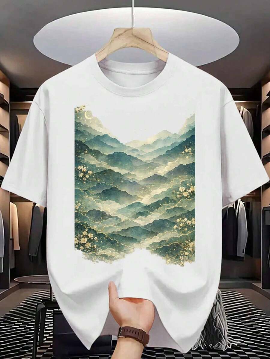 Camiseta de Algodón para Hombre Mountains, Estampado de Flores de Cerezo Misty Peaks, Algodón Puro, Impresión Premium, Moda Casual - Blanco - Ver 1