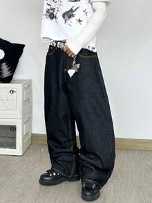 1 pieza Justice Brother Pantalones vaqueros de mezclilla negros con estampado dorado, moda callejera coreana, personalizados con lavado, pierna ancha y holgados, versátiles para todas las estaciones (excluyendo cinturón/accesorios) - Negro - Ver 5