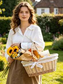 1pc Handwoven Wicker Picnic Basket With Lace Bow Decor Lined Fabric Lining Multi Style Red Gingham Check Pattern Portable Basket With Handle For Outdoor Picnic Camping - Multiple Styles - View 2
