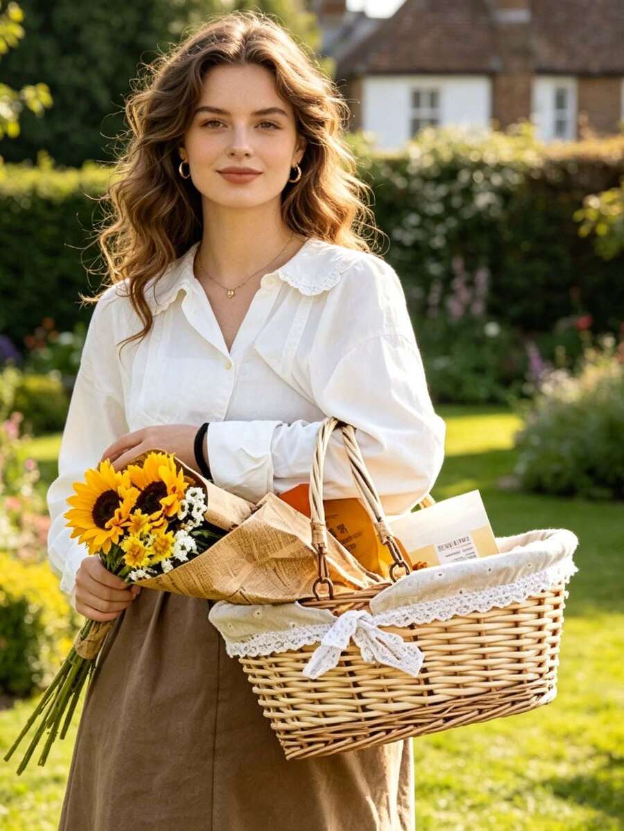 1pc Handwoven Wicker Picnic Basket With Lace Bow Decor Lined Fabric Lining Multi Style Red Gingham Check Pattern Portable Basket With Handle For Outdoor Picnic Camping