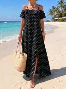 Elegant Bohemian Style Off-Shoulder Polka Dot Maxi Dress, Short Sleeve Fitted Woven Fabric, Slit Design Summer - Multicolor - View 7