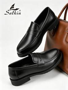 Salkin 時尚復古設計師男士樂福鞋一腳蹬便士紳士皮鞋布洛克優雅尖頭商務正裝鞋男士社交鞋素色鞋面防滑耐磨底日常休閒鞋男士開學季大學風學生鞋畢業典禮日常西裝百搭派對宴會婚禮時尚新郎鞋四季男鞋節日禮物，尺寸偏大，請選擇小一號 - 黑色 - 查看 8