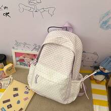 Mochila de patchwork a cuadros & lunares, mochila escolar de cordón estilo femenino para estudiantes, mochila ligera estilo academia japonesa - Multicolor - Ver 12