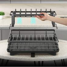 1 pieza Escurridor de platos, Escurridor de platos ahorrador de espacio, Escurridor de platos para encimera de cocina, Escurridor de platos de acero inoxidable con soporte para utensilios, Adecuado para cuencos, platos, cuchillos, cucharas y tenedores - Negro - Ver 6