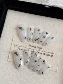 Oval Press On Nails, Milky White Full Cover Fake Nails With Metal Charms, Glossy Reusable False Nails For Women, Daily Wear Nail Decor - Multicolor - View 11