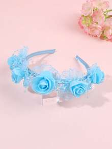 1pc Blue Lace Headband For Girls Flower Hairband Faux Pearl Hair Hoop Elegant Headwear Wedding Party Vacation Gift Headdress Teens Hair Accessories - Blue - View 2