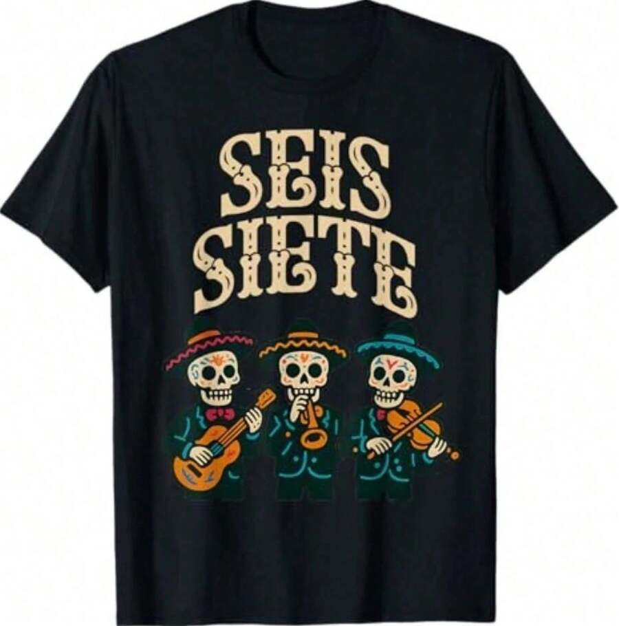 SEIS Siete Mexican Los Muertos Calaveras Sugar Skull 67 T-Shirt, para hombre, 100% algodón, cuello redondo playeras de hombre - Negro - Ver 1