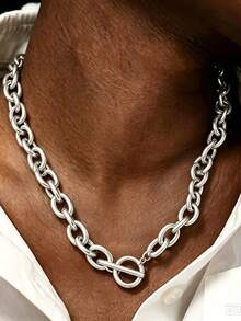 1/3pcs Women's Chunky Oval Chain Necklace With T-Bar Clasp, Minimalist Paperclip Style Collarbone Chain With OT Clasp - OT Buckle Oval Chain - View 2