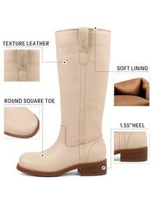 Women Campus Knee High Boots Square Toe Riding Boots Vintage Pull On Riding Boots Wide Calf Boots Chunky Block Low Heel Moto Boots - Beige - View 6