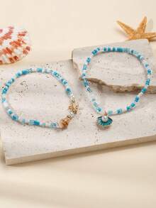 2pcs/Set Gelang Kaki Manik-Manik Motif Bintang Laut & Kerang, Perhiasan Kaki Wanita Gaya Pantai Laut Sederhana Buatan Tangan, Cocok untuk Pemakaian Sehari-hari dan Perjalanan Liburan, Susunan Warna Manik-Manik Acak - MultiWarna - View 2