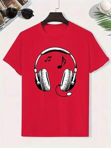 Camiseta de Algodón con Tema de Auriculares para Niños - Estampado de Auriculares y Letras, Manga Corta Ligera para Verano, Cuello Redondo, Ropa Cómoda para Jugar y Actividades al Aire Libre - Rojo - Ver 1