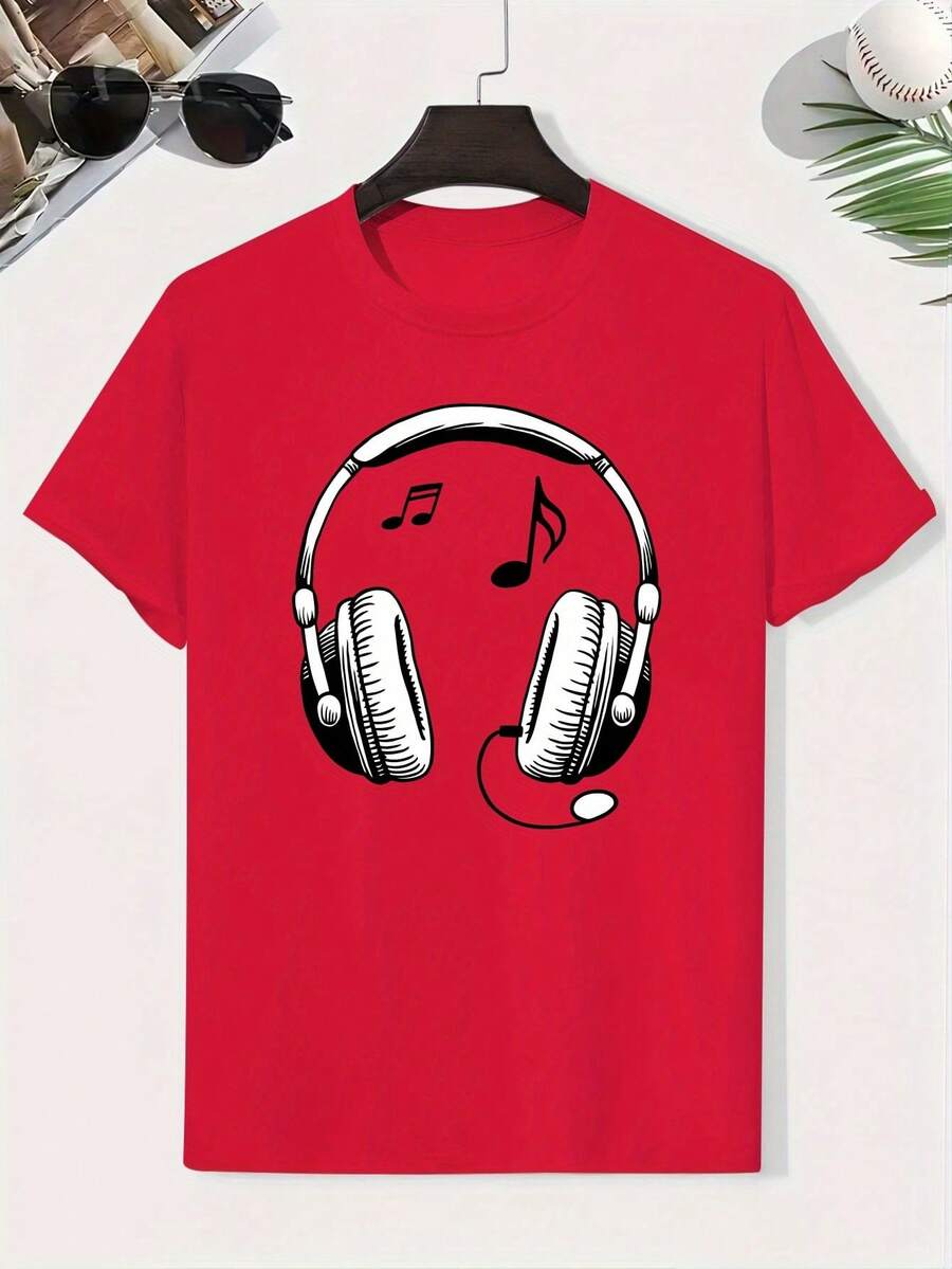 Camiseta de Algodón con Tema de Auriculares para Niños - Estampado de Auriculares y Letras, Manga Corta Ligera para Verano, Cuello Redondo, Ropa Cómoda para Jugar y Actividades al Aire Libre - Rojo - Ver 1